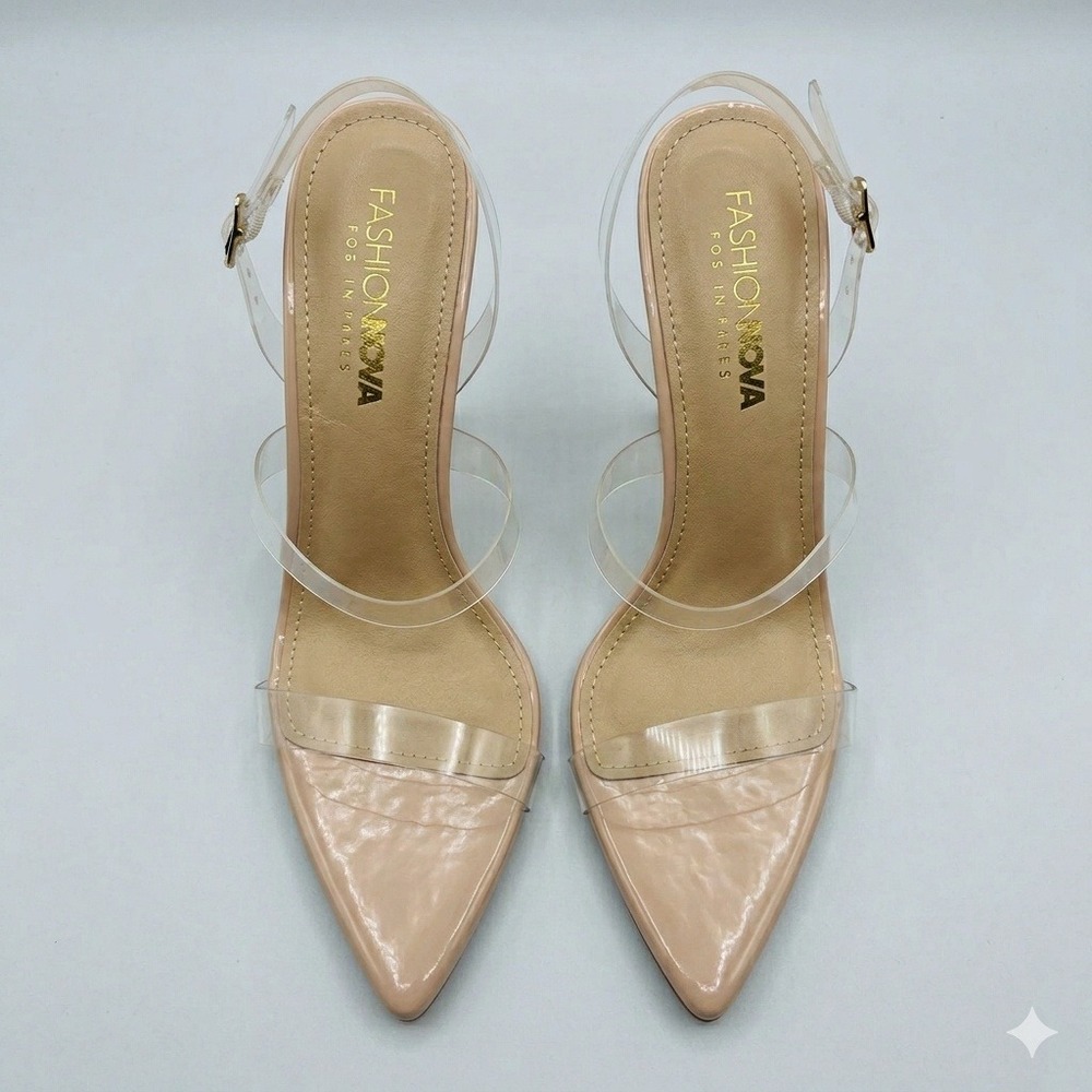 Fashion Nova Glass Slipper Nude Pointed Toe Heels‎ Size 8 | Clear Strap Pumps